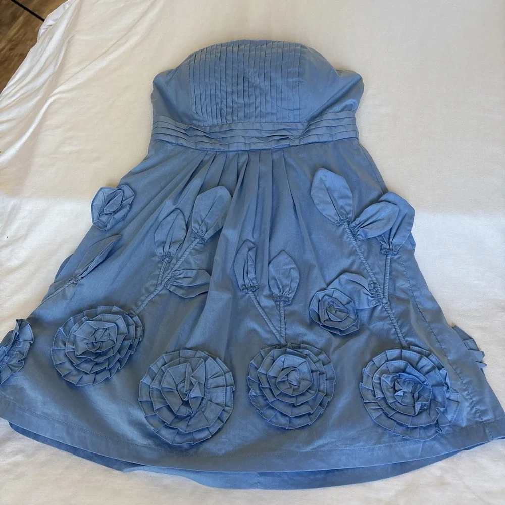 Blue Floral Appliqué Mini Dress Sweetheart Strapless Ruffled Minuet Teen Size 28
